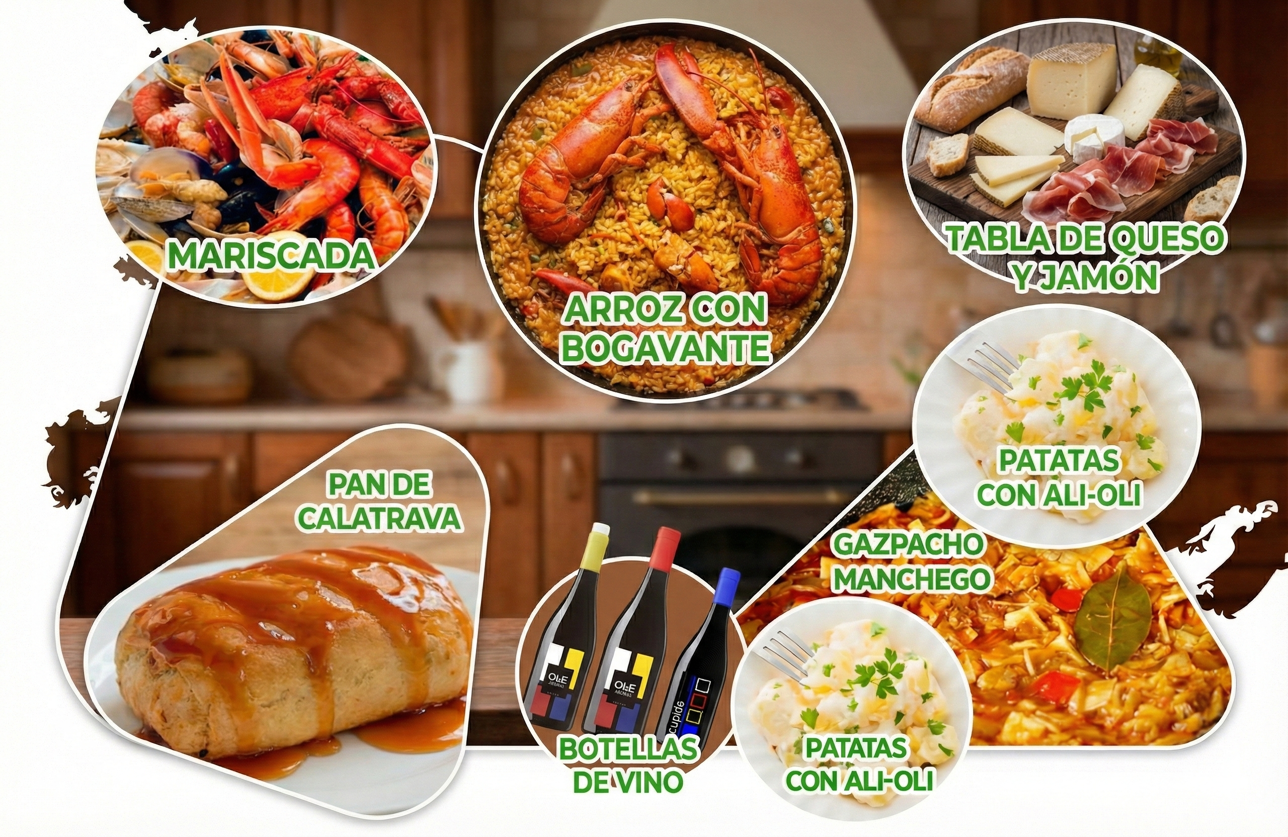 Mesa servida con una mariscada y otros platos tradicionales