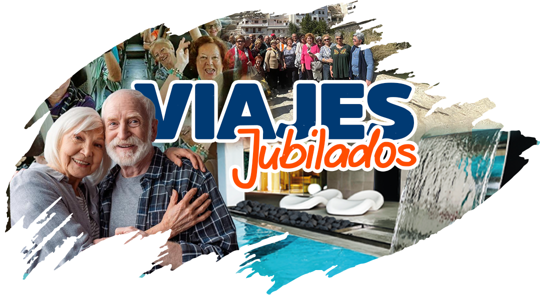 Logo de Viajes Jubilados con un grupo de personas mayores disfrutando